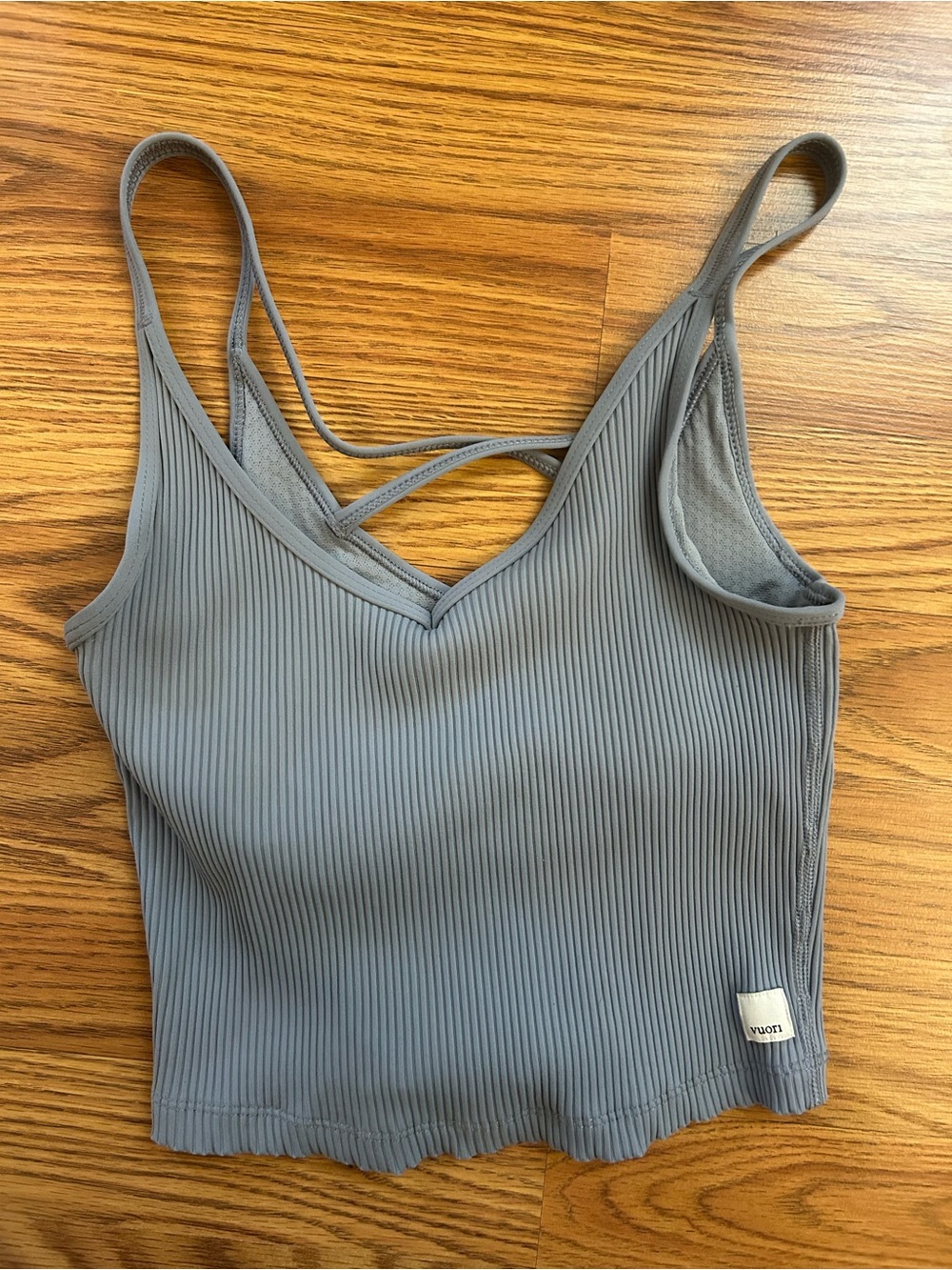 Vuori Ribbed Strappy Crop Bra Top in Steel Gray